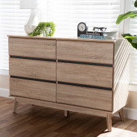 Baxton Studio SECOD5015-Hana Oak/Dark Grey-6DW-Dresser Miren Mid-Century Modern Light Oak and Dark Grey 6-Drawer Dresser